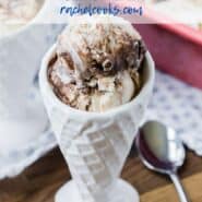 Fudge swirl ice cream in a cone shaped bowl. Text overlay present with recipe name.