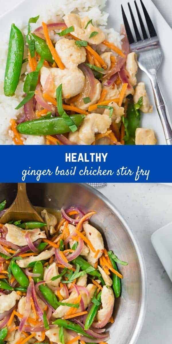 Two images of chicken stir fry with sugar snap peas, carrots, red onions, and fresh basil.