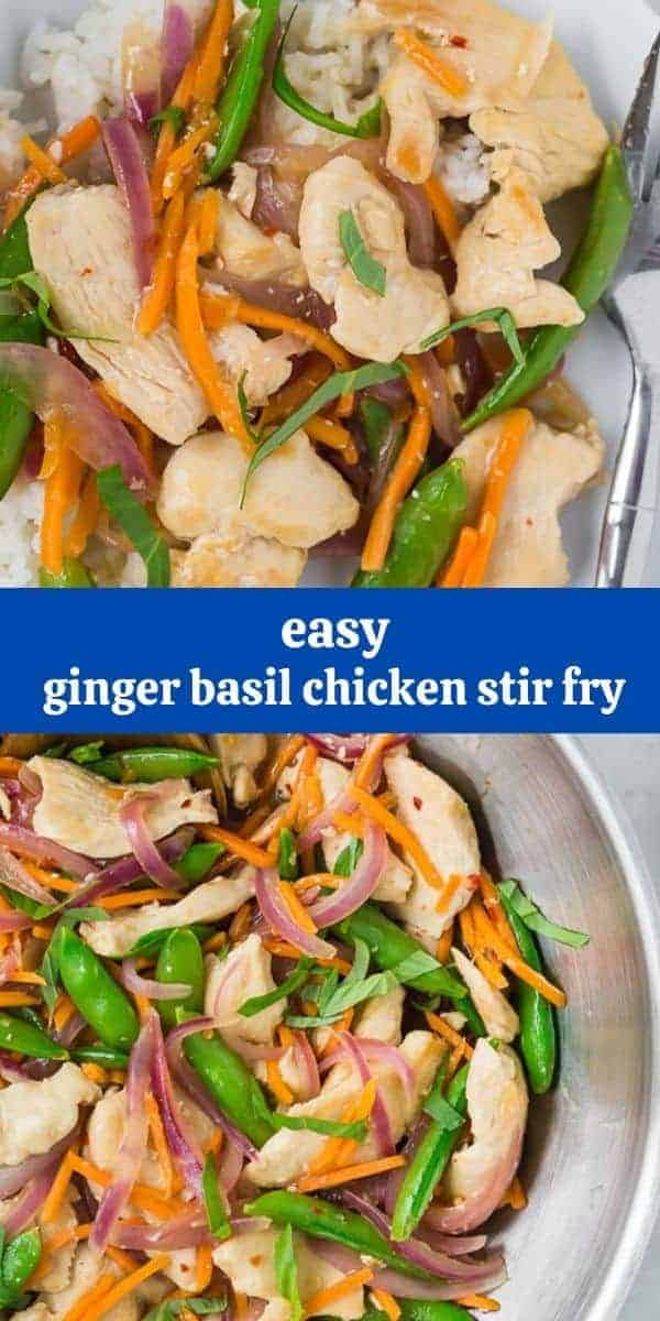 Two images of chicken stir fry with sugar snap peas, carrots, red onions, and fresh basil.