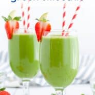 Two green drinks with red and white straws. A text overlay reads, "tropical green smoothie."