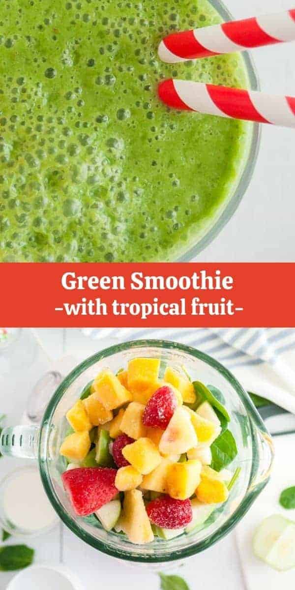 Overhead view of a green smoothie in a blender, not blended and blended. Text overlay reads "green smoothie - with tropical fruit"