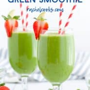 Two green drinks in stemmed glasses with red and white straws. A text overlay reads "easy tropical green smoothie, rachelcooks.com"
