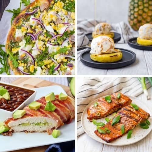 Collage of four images of food that has been made on the grill. From top left clockwise, a grilled pizza, grilled pineapple and ice cream, grilled salmon, and grilled bacon-wrapped chicken.