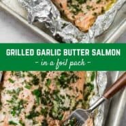 Two images of grilled garlic butter salmon with a text overlay with the recipe title.