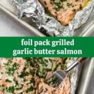 Two images of foil pack garlic butter salmon.