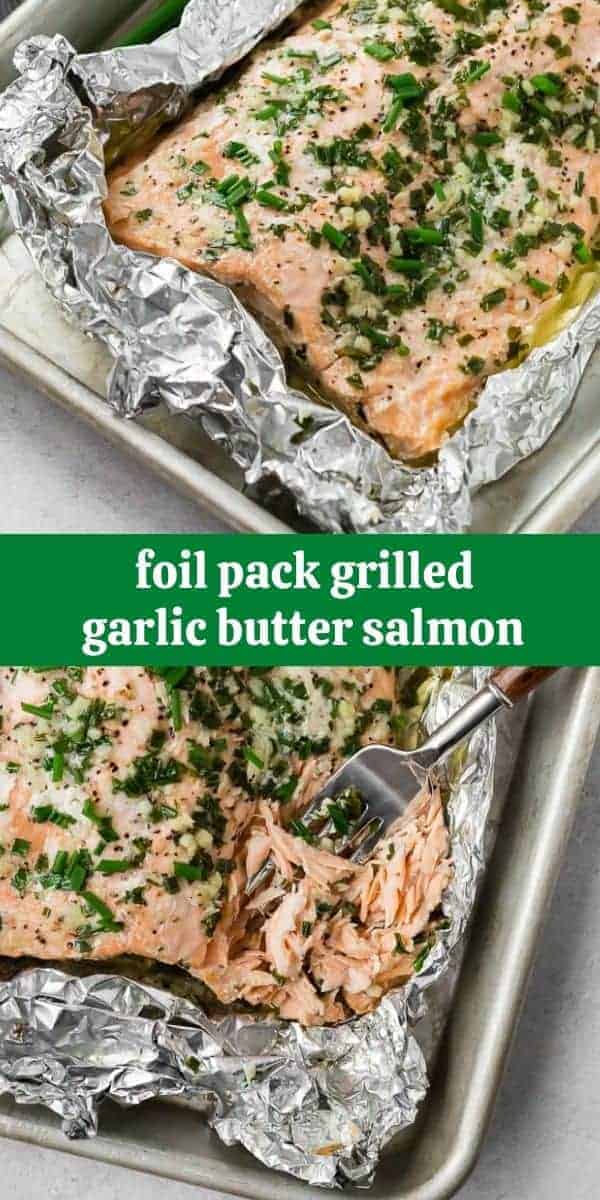 Two images of foil pack garlic butter salmon.