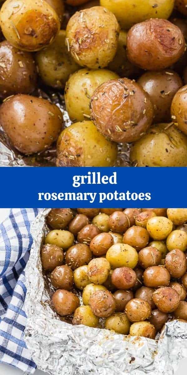 Two images of baby potatoes with rosemary, wrapped in foil. A text overlay reads "grilled rosemary potatoes."