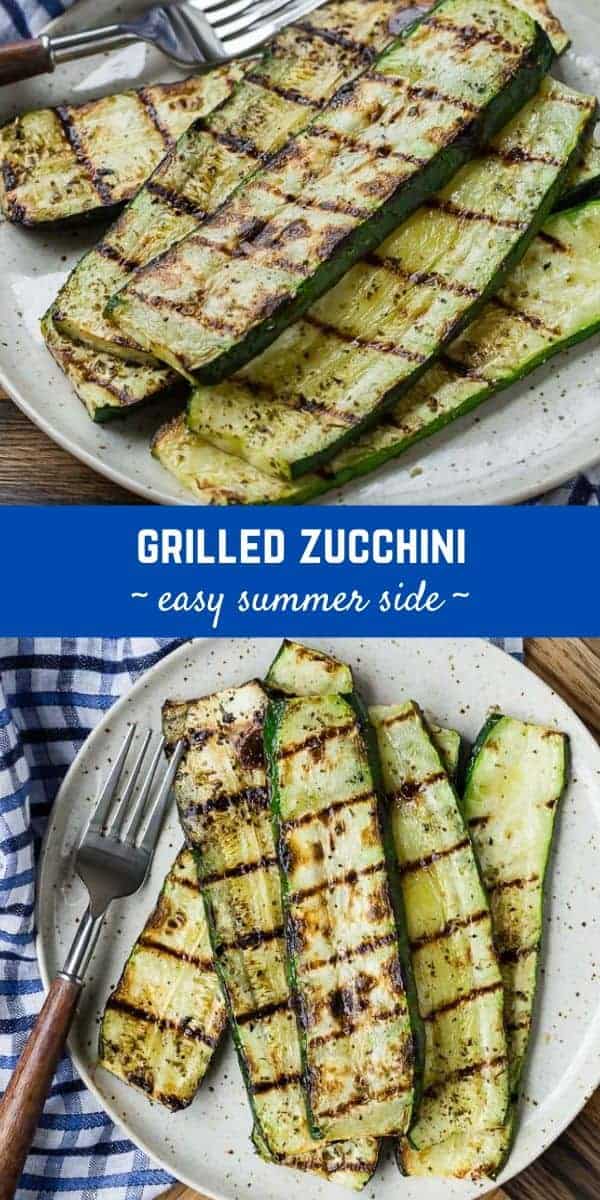 Two images of grilled zucchini with a text overlay that reads "grilled zucchini - easy side dish."
