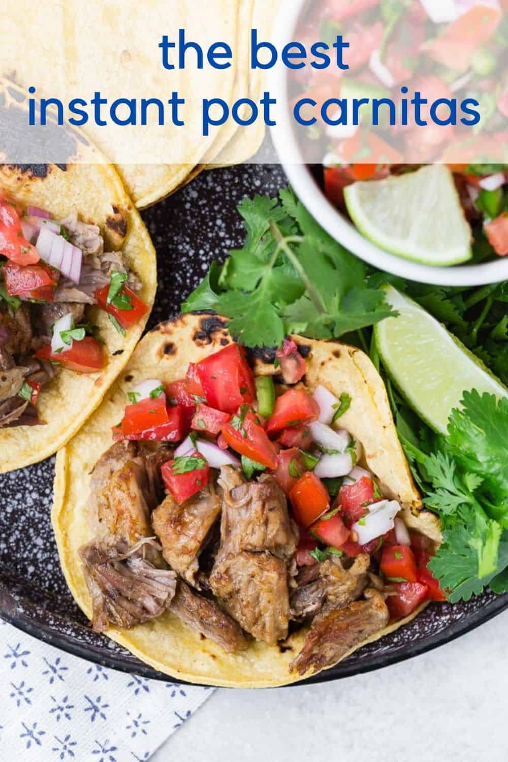 Carnitas in a corn tortilla with pico de gallo.