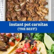 Collage of images with a text overlay that reads "instant pot carnitas - so easy"