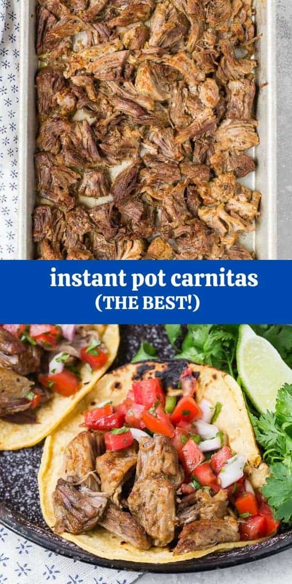 Collage of images with a text overlay that reads "instant pot carnitas - so easy"