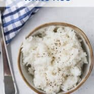 Overhead view of a bowl of rice, text overlay reads "instant pot white rice"