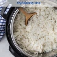 Overhead view of an instant pot filled with rice. Text overlay reads "Instant Pot White Rice"