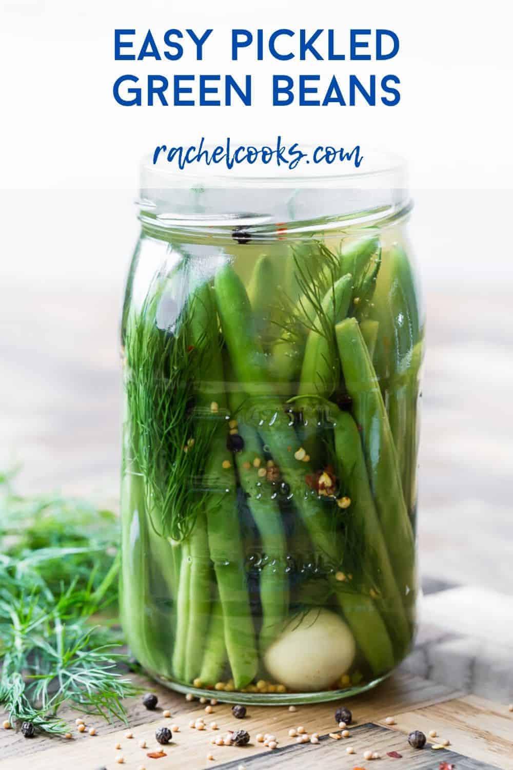Jar of green beans in pickling liquid, with a text overlay.