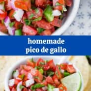 Collage of photos of tomatoes, onions, and jalapenos with a text overlay reading "homemade pico de gallo"