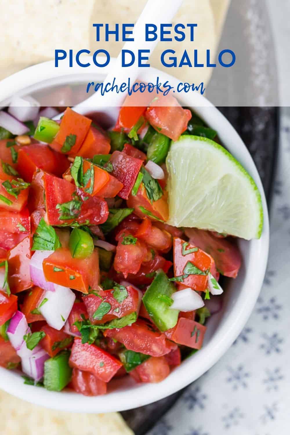 Overhead view of a white bowl of tomatoes, jalapenos, and onions with a text overlay that reads "the best pico de gallo"