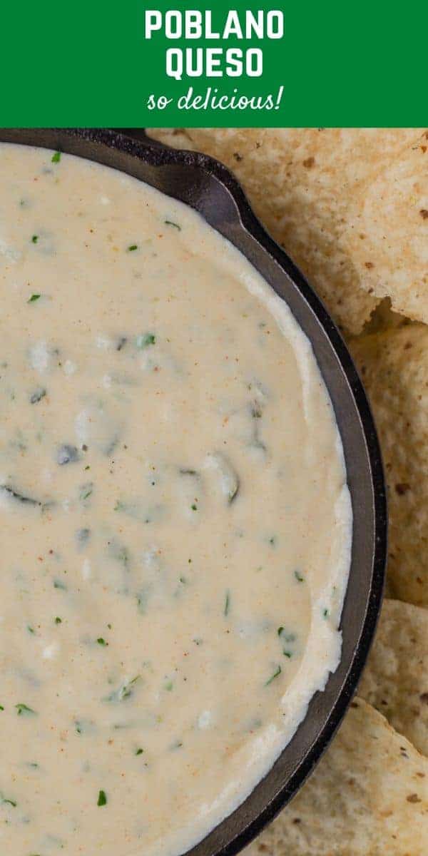 Overhead view of white queso with green specks of poblano peppers.