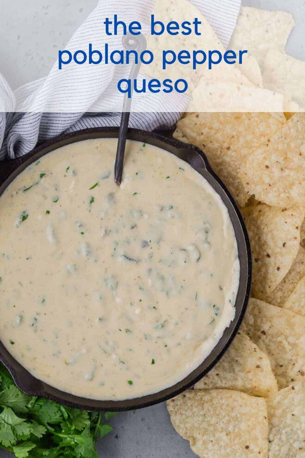 A text overlay reads "the best poblano pepper queso" over a photo of a black skillet of queso, chips, and fresh cilantro.
