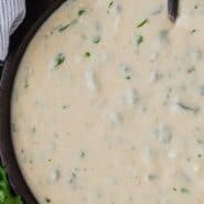 Overhead view of queso blanco made with dark green poblano peppers. Chips are also visible.