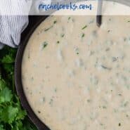 Overhead view of queso in a black pan surrounded by fresh cilantro.