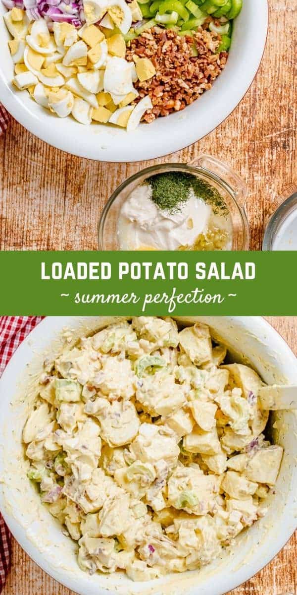 Two images of potato salad with a text overlay that reads "loaded potato salad."