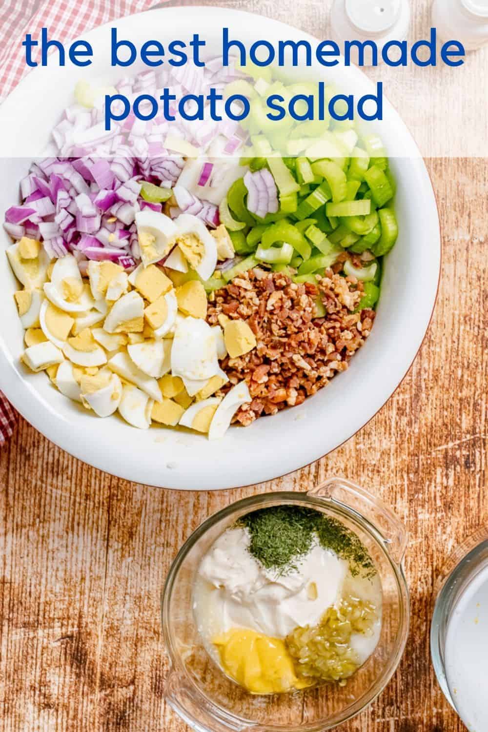 Overhead view of the ingredients used in potato salad, text overlay reads "the best potato salad."