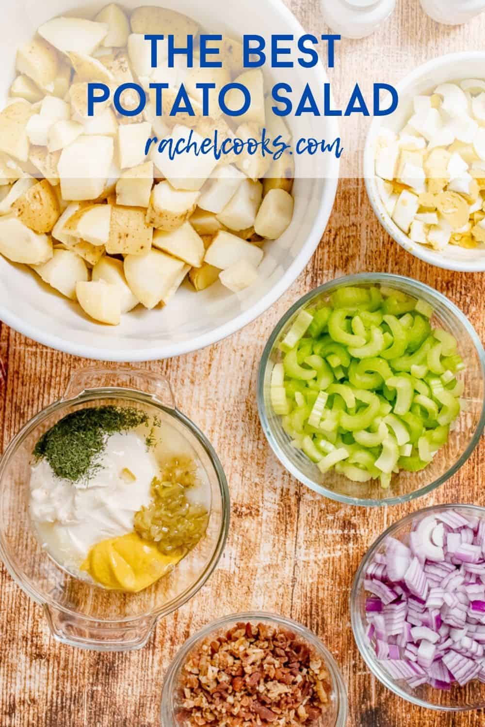 Overhead view of the ingredients used in potato salad, text overlay reads "the best potato salad."
