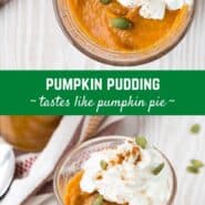 Two images of pumpkin pudding in a collage format.