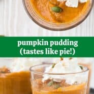 Two images of pumpkin pudding in a collage format.