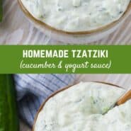 A bowl of creamy yogurt sauce with a spoon inserted, with a overlay that reads "homemade tzatziki, (cucumber & yogurt sauce)"