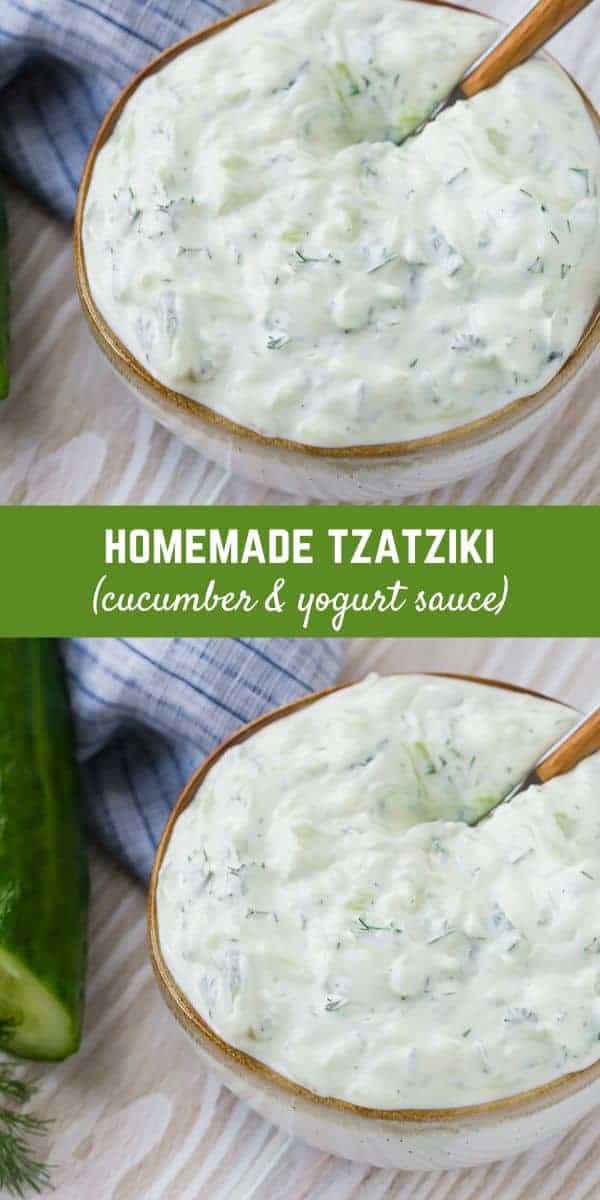 A bowl of creamy yogurt sauce with a spoon inserted, with a overlay that reads "homemade tzatziki, (cucumber & yogurt sauce)"