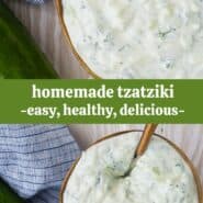 A bowl of creamy yogurt sauce with a spoon inserted, with a overlay that reads "homemade tzatziki, easy, healthy & delicious!"