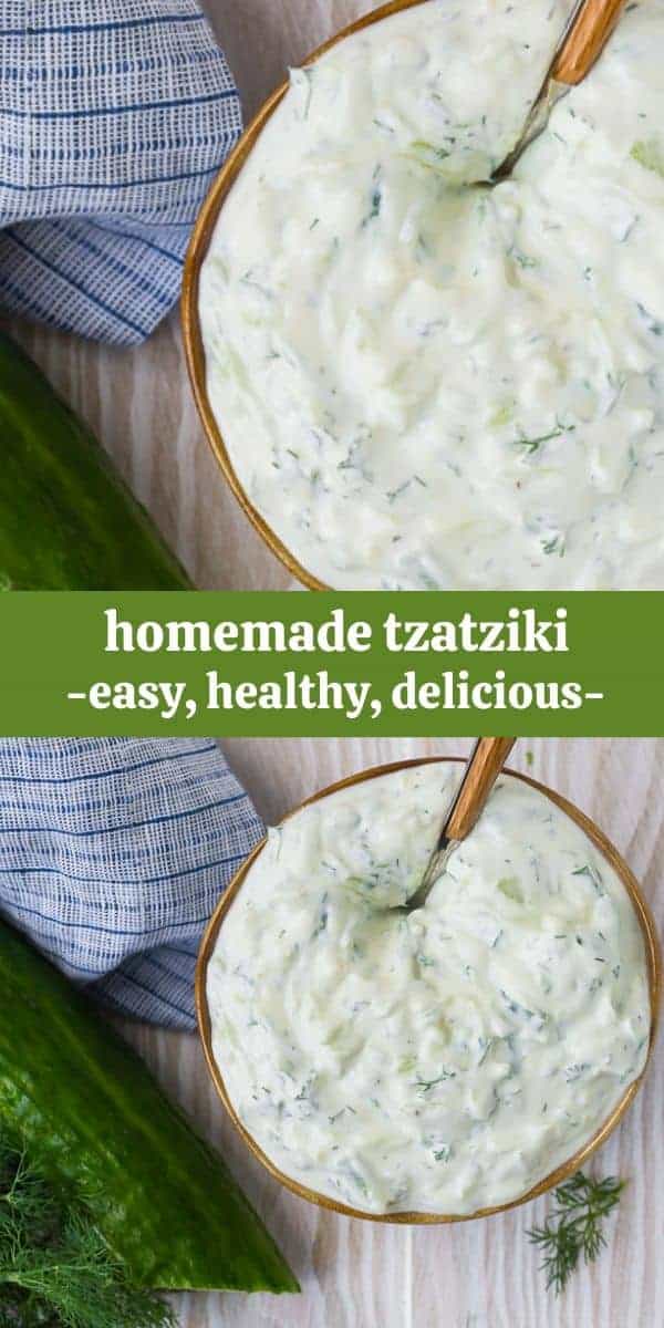 A bowl of creamy yogurt sauce with a spoon inserted, with a overlay that reads "homemade tzatziki, easy, healthy & delicious!"