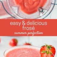 Collage of two photos of frose, one in a glass, one in a blender.