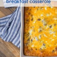 Overhead view of a breakfast casserole on a wooden background with a text overlay of the recipe title.