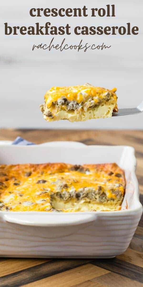 Slice of breakfast casserole being lifted out of a pan, with a text overlay naming the recipe.