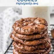 A stack of chocolate cookies with a text overlay that reads flourless double chocolate cookies.