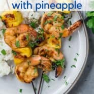 Shrimp kabobs with pineapple. Text overlay reads "grilled shrimp and pineapple kabobs."