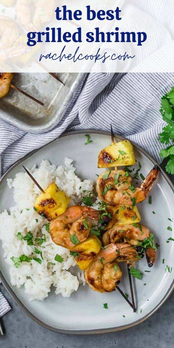Shrimp kabobs with pineapple. Text overlay reads "grilled shrimp and pineapple kabobs."