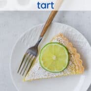 Lemon lime tart with text overlay.