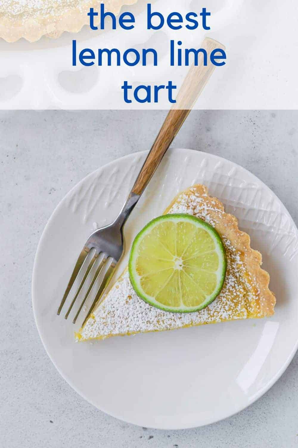 Lemon lime tart with text overlay.