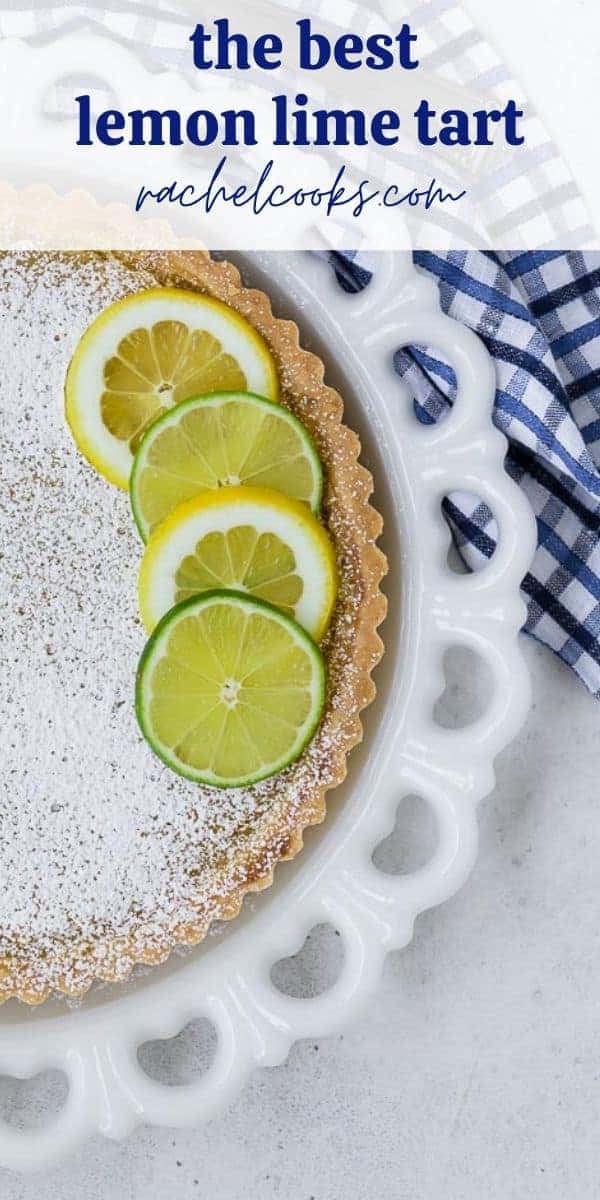 Lemon lime tart with text overlay.