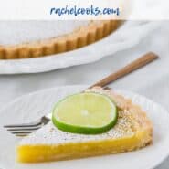 Lemon lime tart slice with text overlay.