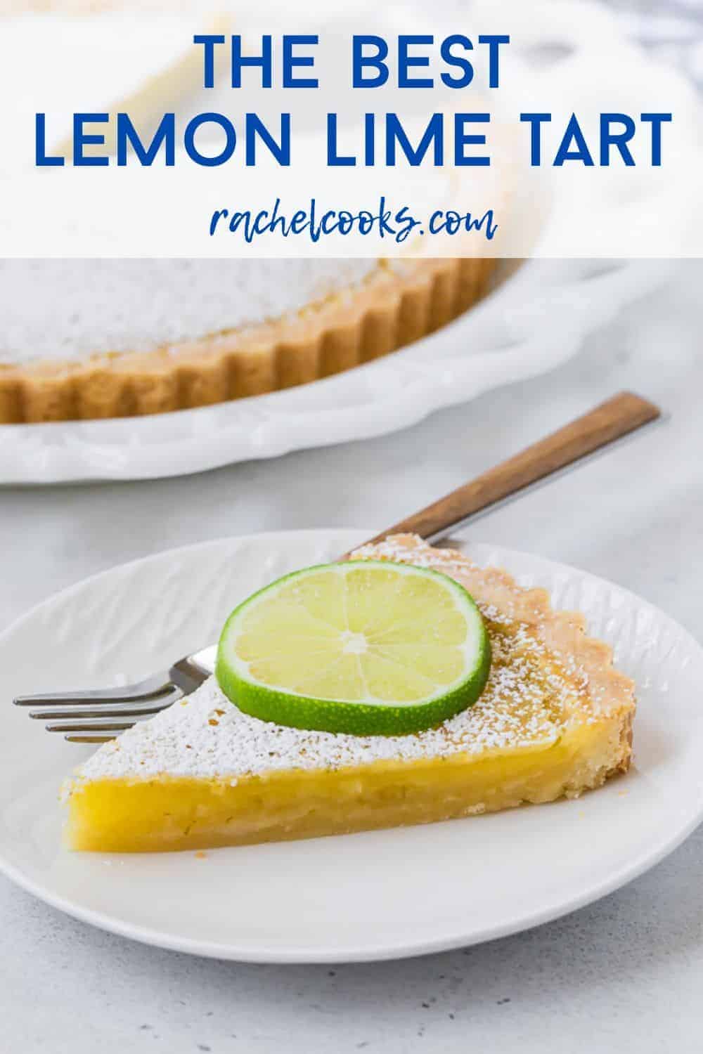 Lemon lime tart slice with text overlay.