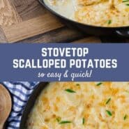 Scalloped potatoes in a skillet on a wooden background. Text overlay with recipe title.