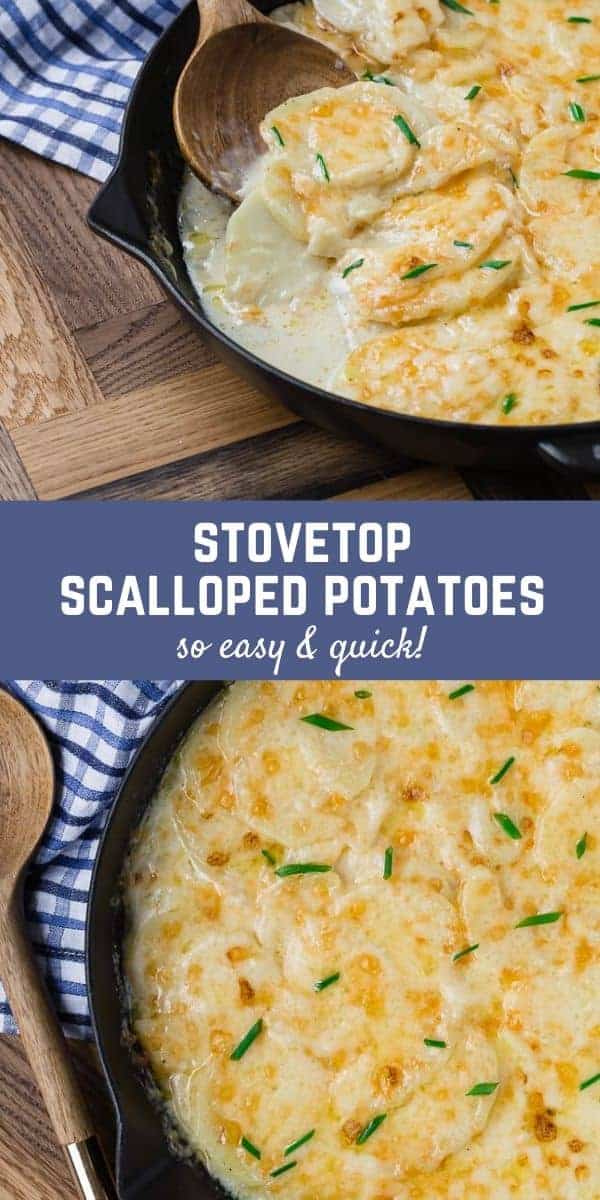 Scalloped potatoes in a skillet on a wooden background. Text overlay with recipe title.
