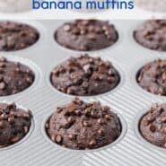 Chocolate muffins with chocolate chips, with text overlay.