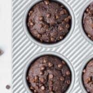 Overhead view of chocolate banana muffins with chocolate chips. Text overlay.