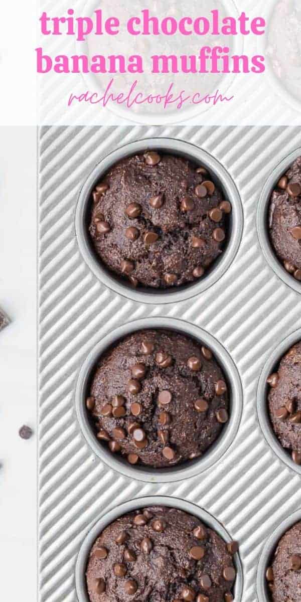 Overhead view of chocolate banana muffins with chocolate chips. Text overlay.