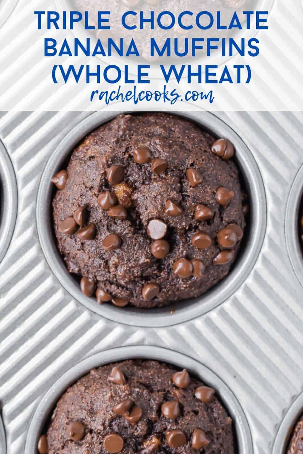 Banana chocolate chip muffins with text overlay.
